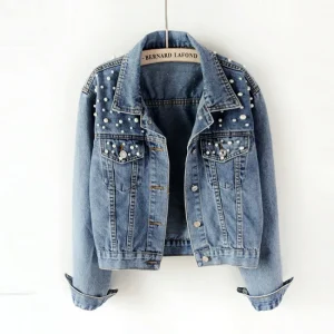 Denim Jacket Women's Fat MM Large Size Women's Beaded Diamond Coat Female Student Light Blue Jacket Loose