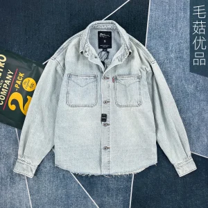 Men's Denim Jacket Loose Light Blue Casual Workwear Multi-Pocket Japanese Retro Distressed Coat Trendy Brand Shirts Streetwear