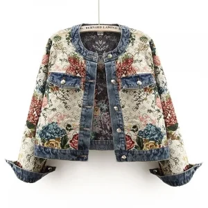 Chinese retro women's denim jacket spring new fashion temperament short Joker little jacket jacquard long-sleeved round neck