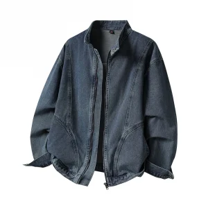 High Street Vintage Washed Denim Jacket Men Women Fall Winter Zipper Stand Collar Coats Versatile American Streetwear Outerwear