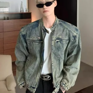 Men’s Retro Padded Shoulder Denim Jacket Streetwear High Street Punk Casual Short Jean Coat Fashion School Student Clothing