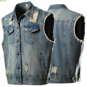 Blue Men's Ripped Sleeveless Denim Jacket Vintage Style Old Vest Coat Single-Breasted Loose Fit in Sizes M L XL XXL