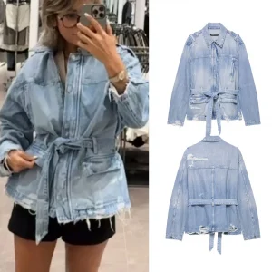 Woman Fashion Denim Jacket Turn-Down Collar Zipper Female Autumn New Long Sleeves Pockets Belted abrigo en jean para mujer