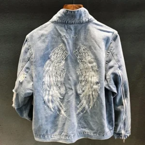Design Embroidered Distressed Denim Jacket for Men Spring Autumn Korean Trendy Light Color Loose wing